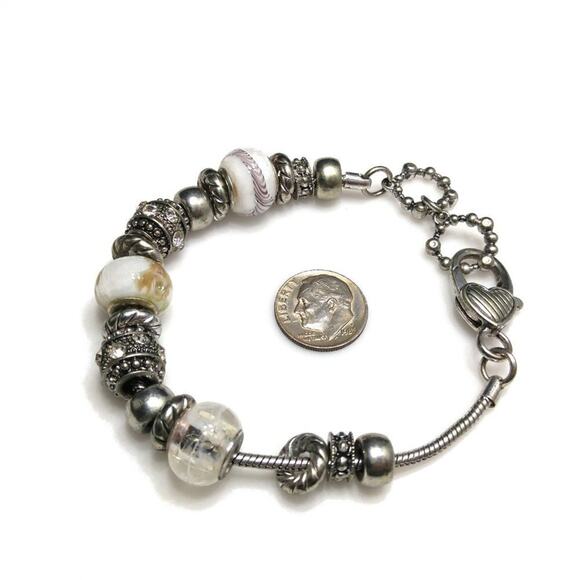 Beaded Silver Tone Rhinestone Snake Chain Bracelet, Heart Clasp, 8 1/2 Inches - Picture 2 of 8